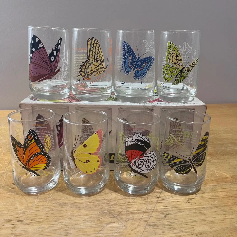 Vtg Brockway‎ Glass Butterfly Series Vega Beverage Glasses Set of 8 MCM 12oz